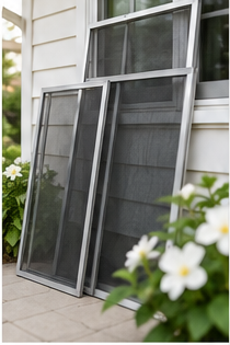 Several removable window screens leaning against a porch wall ready for pickup